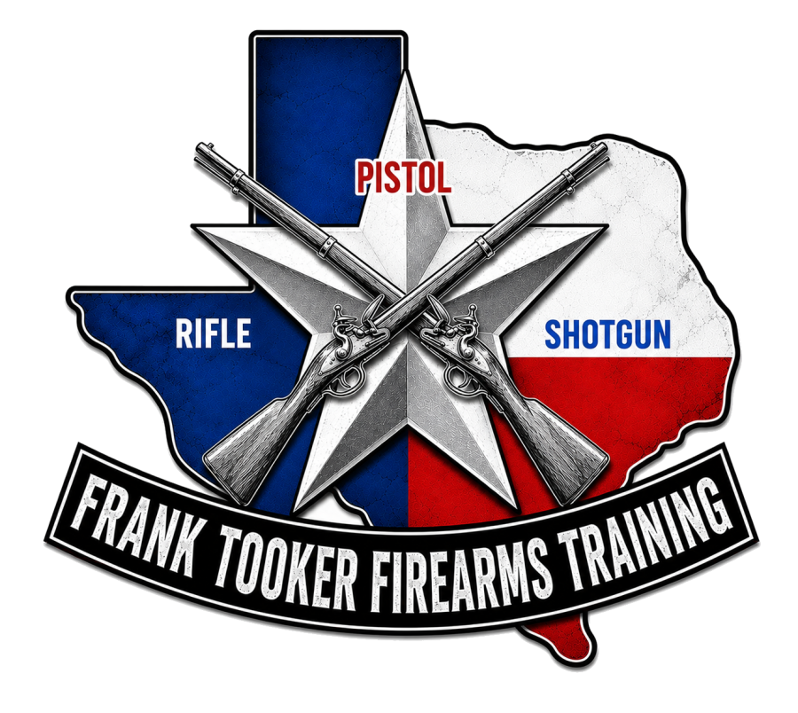 Frank Tooker Firearms Training emblem — Texas outline with a lone star and crossed flintlock rifles