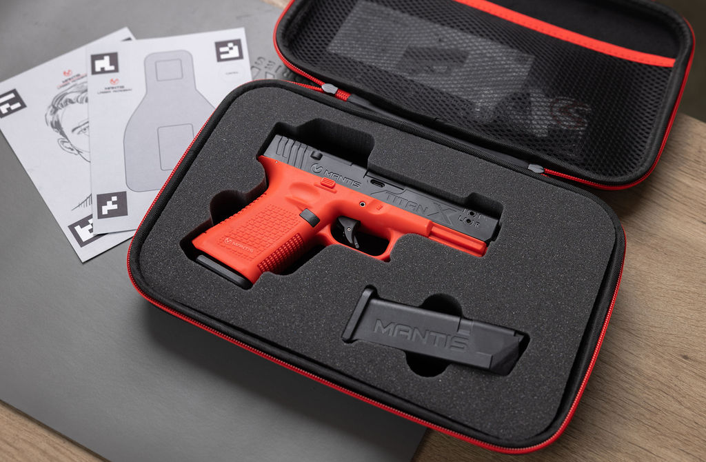 Mantis dry-fire training pistol used for at-home practice