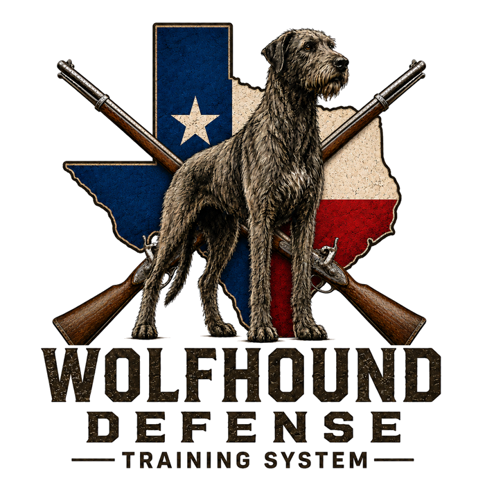 Wolfhound Defense Training System emblem featuring an Irish Wolfhound, Texas flag map and crossed flintlock rifles